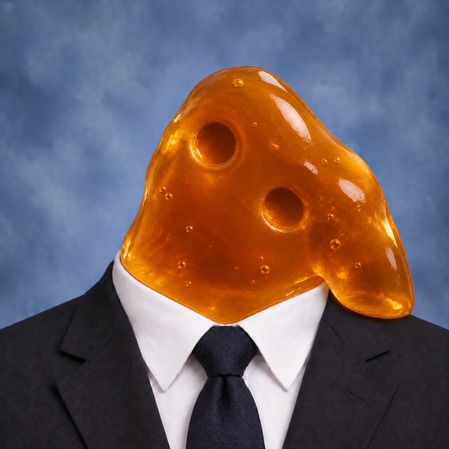 A figure in a black suit with a slumped translucent amber gel head and two hollow eye sockets.